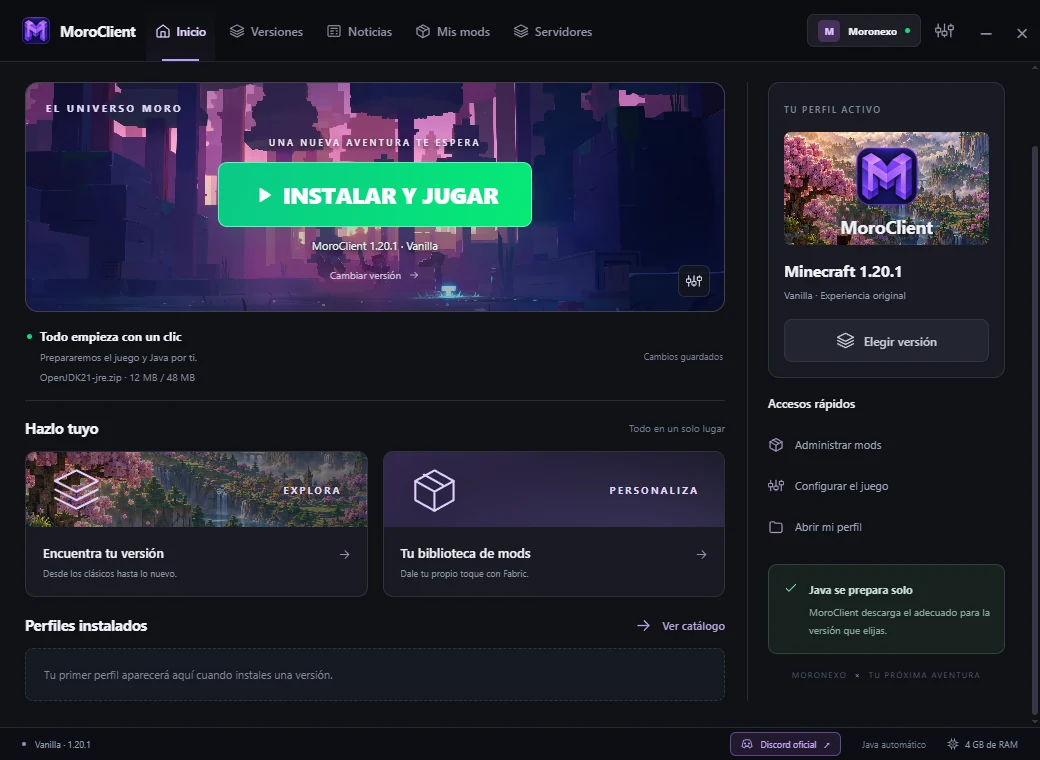 Vista de Inicio de MoroClient con el botón para iniciar Minecraft